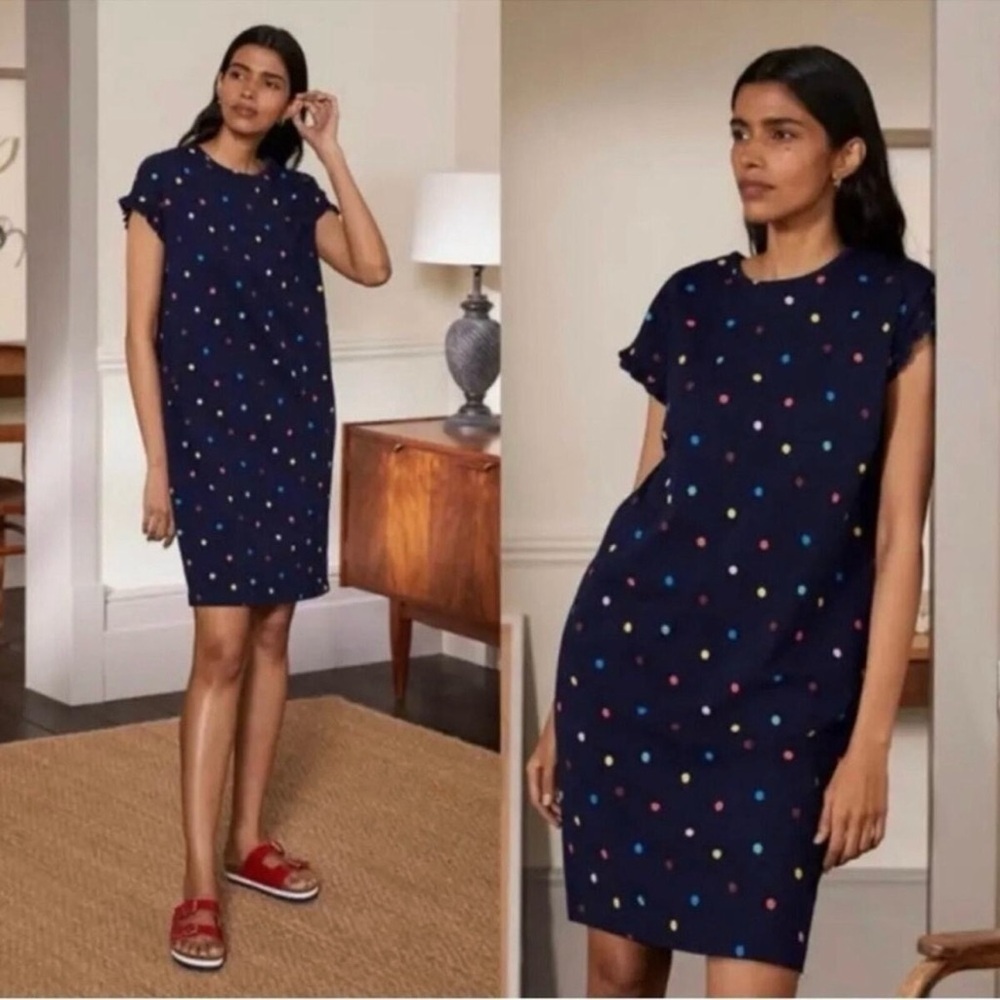 Boden Faye Navy Blue Ruffle Trim Multi Colored Polka Dot T Shirt Dress Sz 6R
